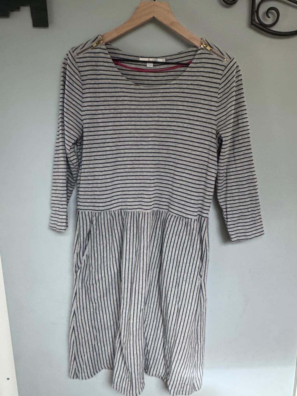 Boden Striped Knit Dress with Gold Shoulder Buttons - Gray & Navy